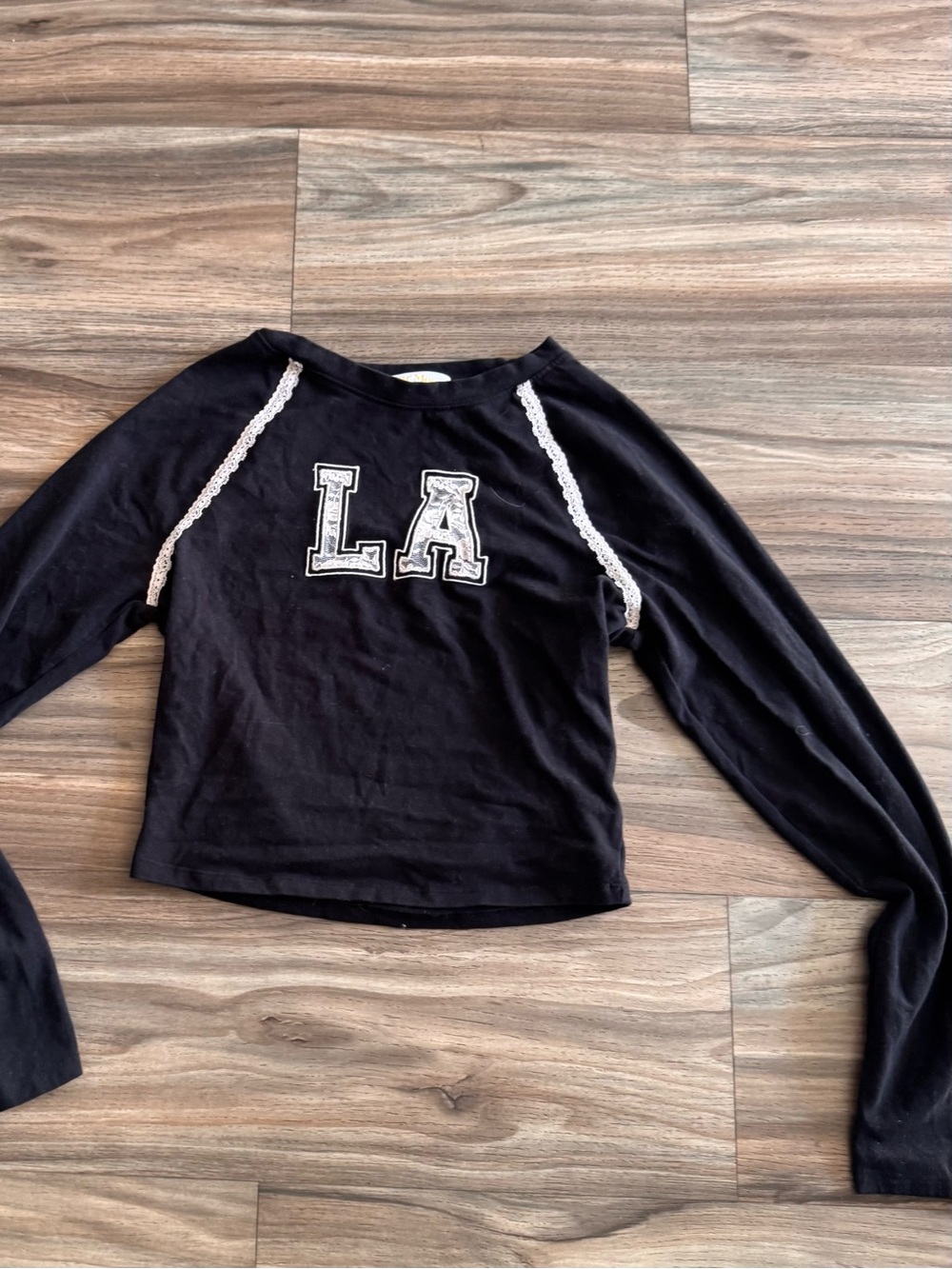 LA Graphic Black Crop Top with Lace Trim